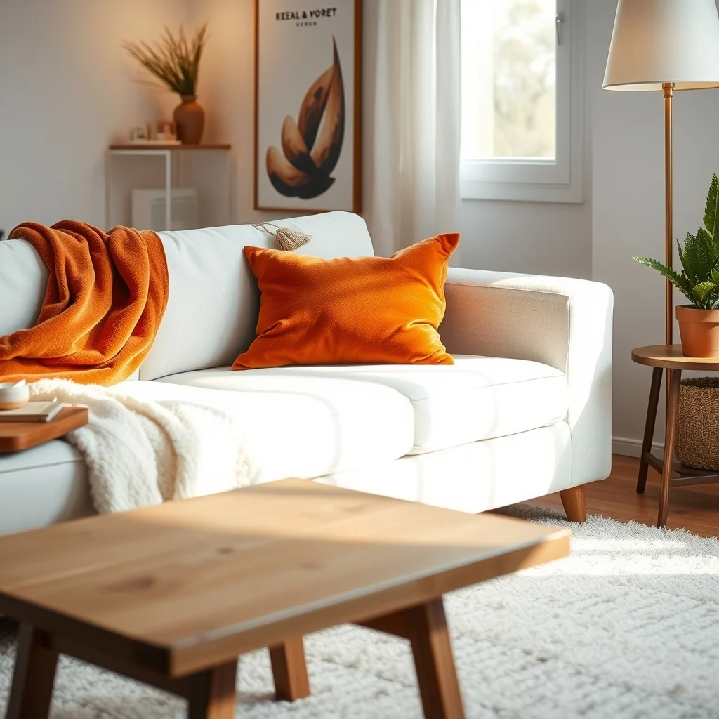 Neutral sofa draped with a terracotta velvet throw pillow paired with a plush ivory rug Scandinavian minimalism light walnut coffee table diffused warm lamp glow accentuates texture and cozy atmosphere