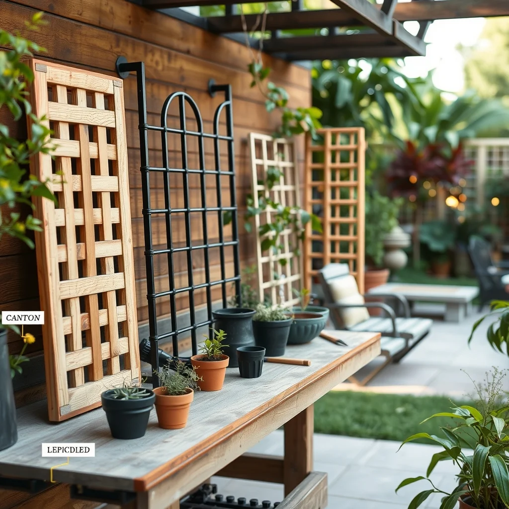 Outdoor garden workbench displaying assorted trellis materials weathered cedar matte black steel stone embedded bamboo each labeled soft diffused light shallow depth of field emphasizing choice and durability
