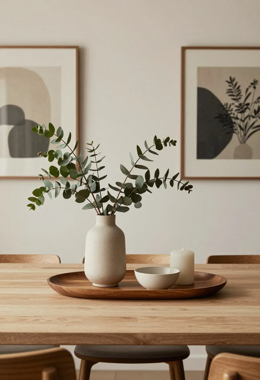 minimalist dining room ideas - Overhead detail shot: A large oval wood tray styled, a