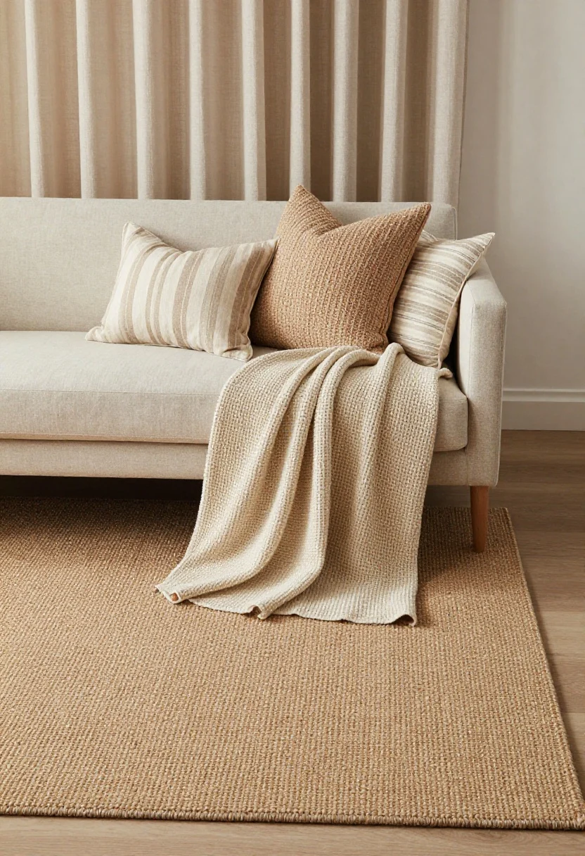 Overhead detail shot: Rug and textiles formula—large wool rug anchoring front furniture legs, with jute texture peeking at edges and a smaller wool layer near the sofa. Pillow mix on an oatmeal linen sofa: two solid cream and camel, one subtle tone-on-tone stripe, and one textured hero in bouclé. Oversized waffle-knit throw draped with intention. Sheer linen curtains hung high and wide soften the scene.