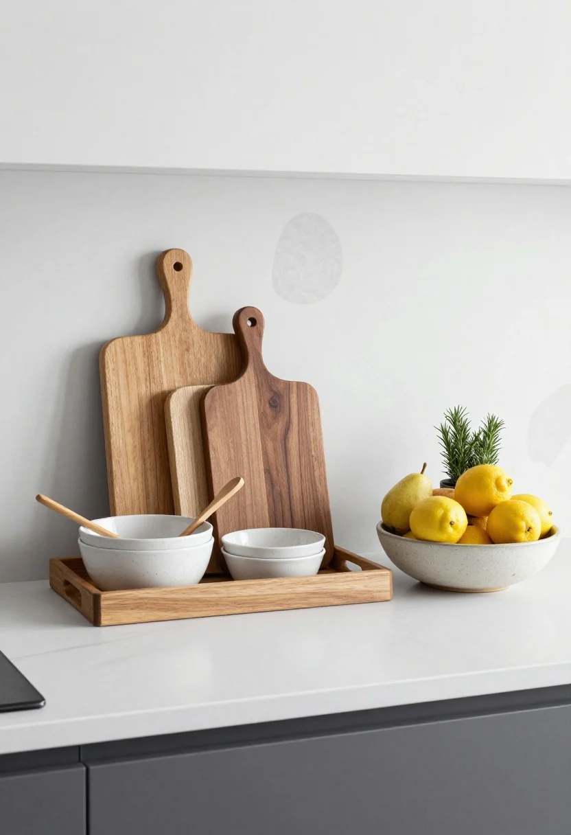 coastal kitchen makeover ideas - Overhead detail shot styling the counter surface: a tray corrals