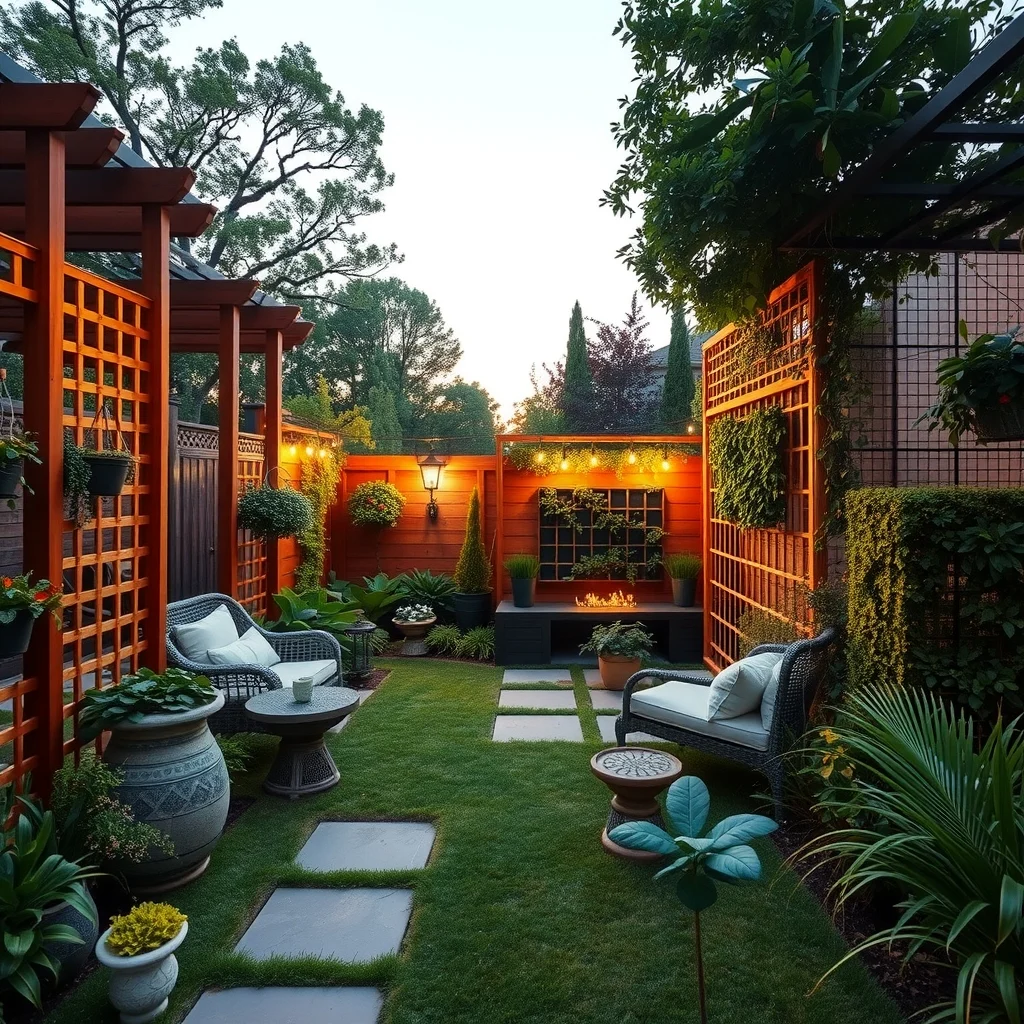 Panoramic twilight garden scene uniting varied trellis styles wooden lattice metal grid bamboo arbor living wall panel bathed in warm dusk light harmonious vertical displays inviting composition