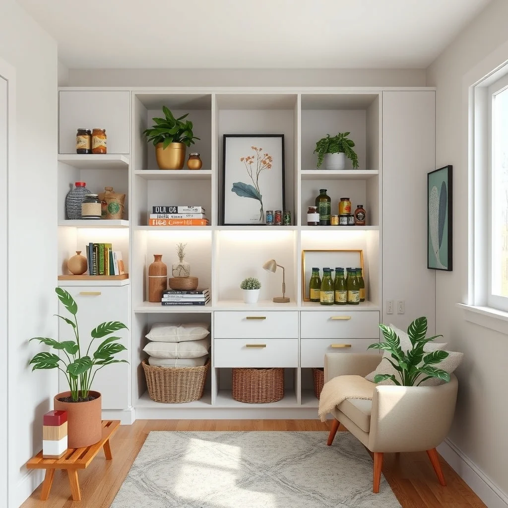 Pantry Organization Ideas for a Neat and Functional Kitchen interior: 5. Integrated Lighting for Visibility - Soft LED strips tucked under each shelf illuminate the pantry without creating harsh glare. The cool white light reveals the true colors of canned goods and helps you spot a misplaced jar before it spoils.