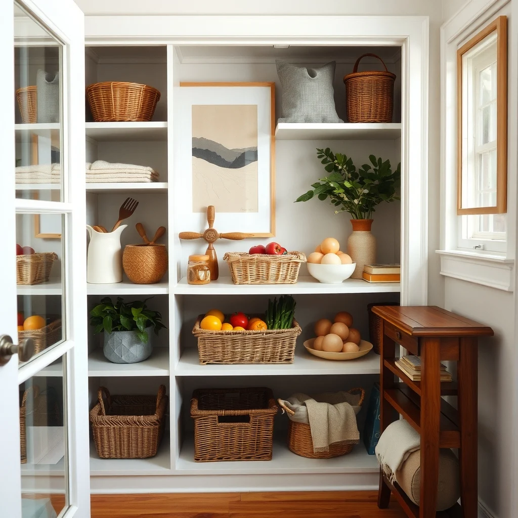 Pantry Organization Ideas for a Neat and Functional Kitchen interior: 6. Decorative Baskets for Loose Produce - Wicker or woven seagrass baskets add texture and a hint of natural warmth while grouping loose vegetables, fruit, or bread. Placing a basket on a lower shelf keeps heavier items off the top, reducing the