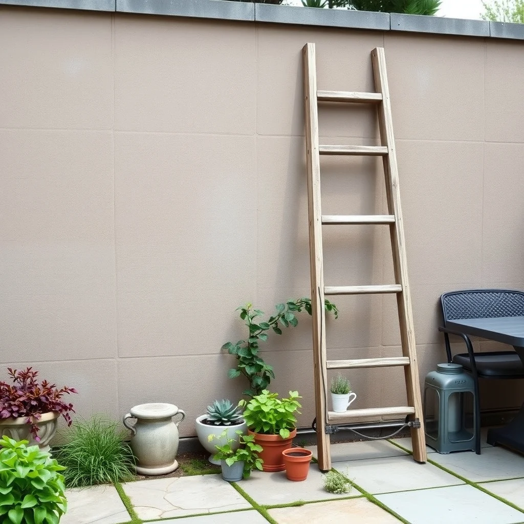 Patio wall backdrop weathered wooden ladder leaned against stone