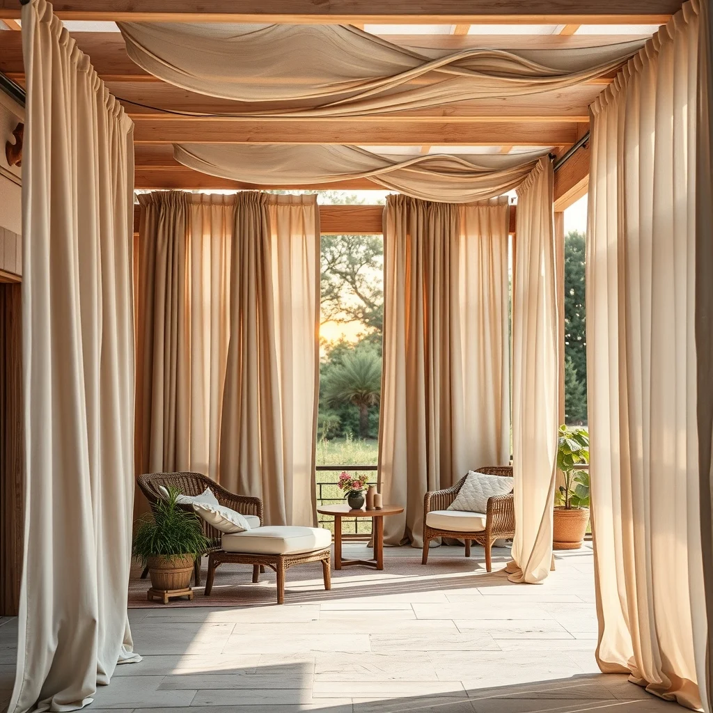Pergola draped with flowing greige outdoor curtains gently billowing in breeze light oak beams amber sunset glow filtering through fabric subtle shadow play on stone floor medium shot composition