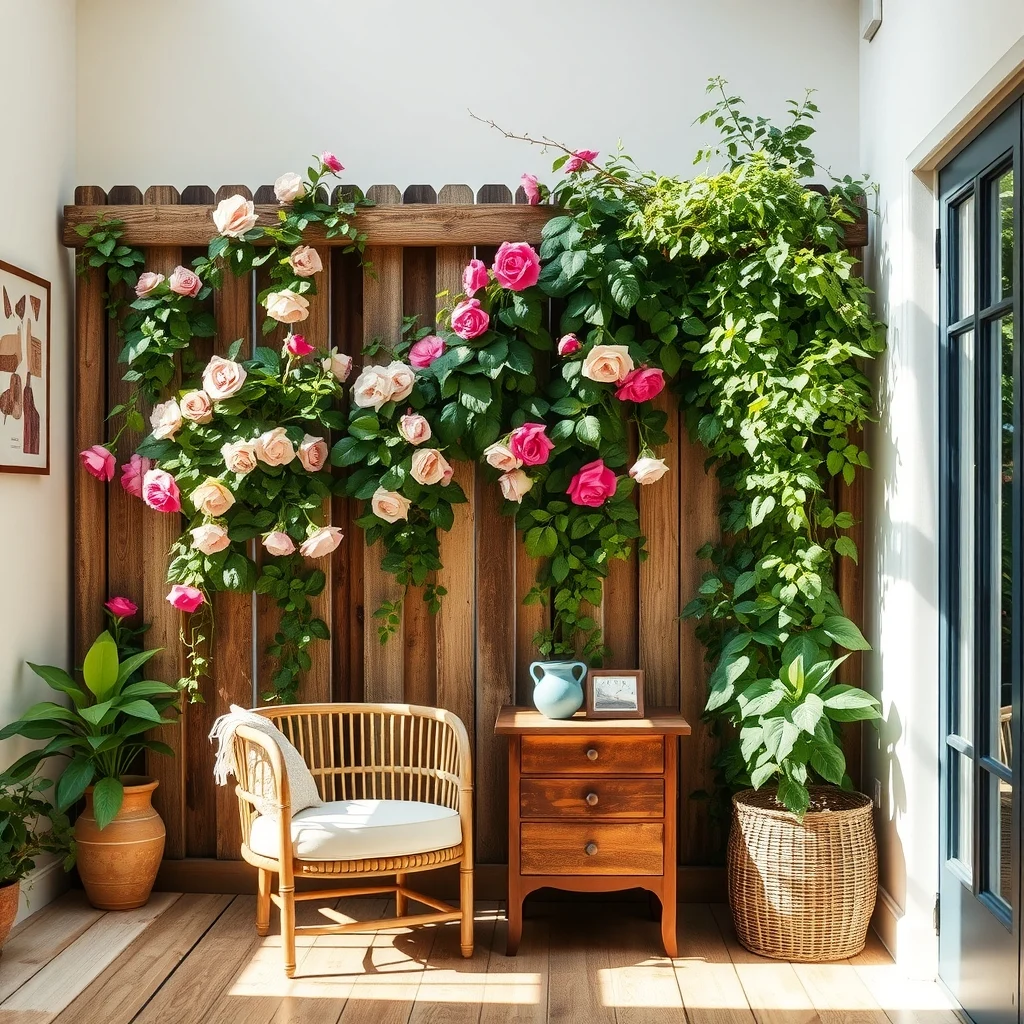 Reclaimed wooden trellis against a weathered fence climbing roses and clematis in full bloom vertical greenery maximizes limited space bright daylight accentuates texture of wood and foliage