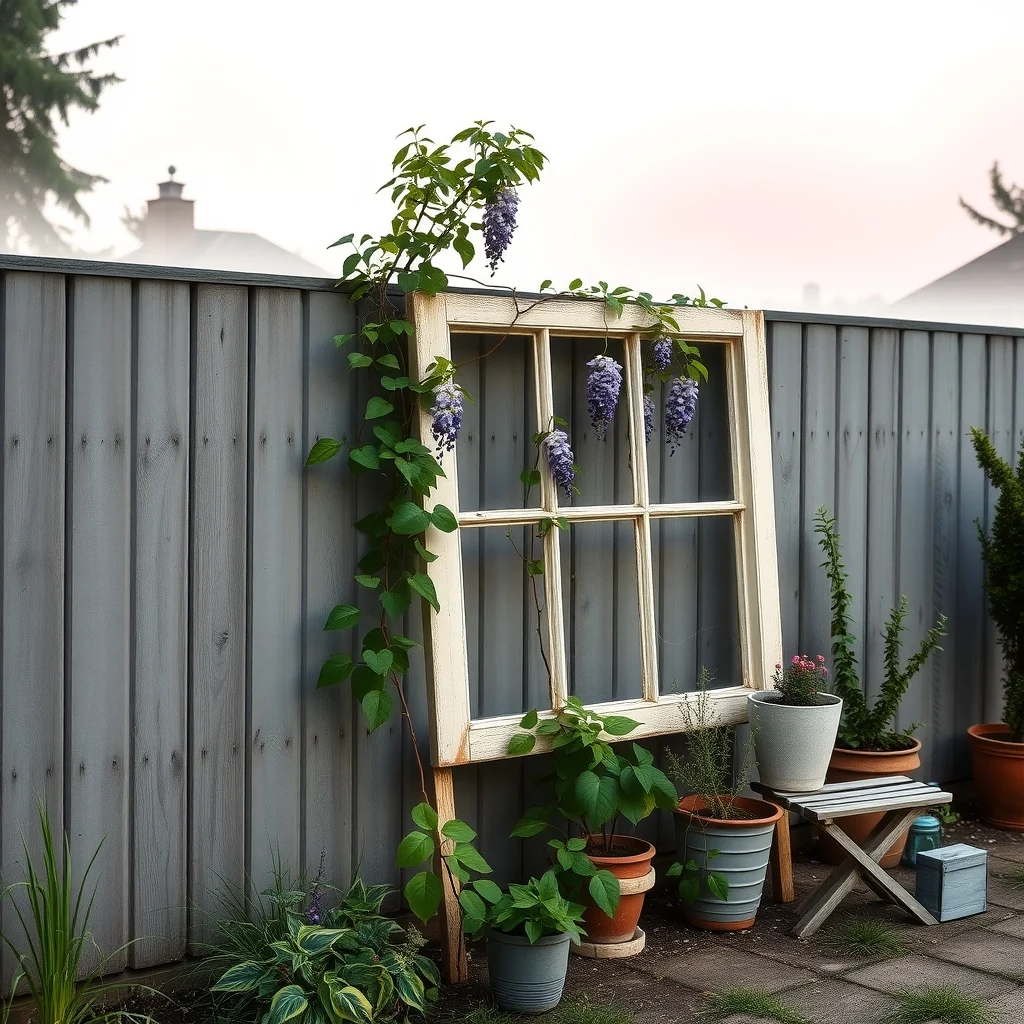 Reclaimed wooden window frame trellis leaning against a garden fence faded paint rectangular sash guiding wisteria vines morning mist muted pastel sky intimate vignette emphasizing historic texture