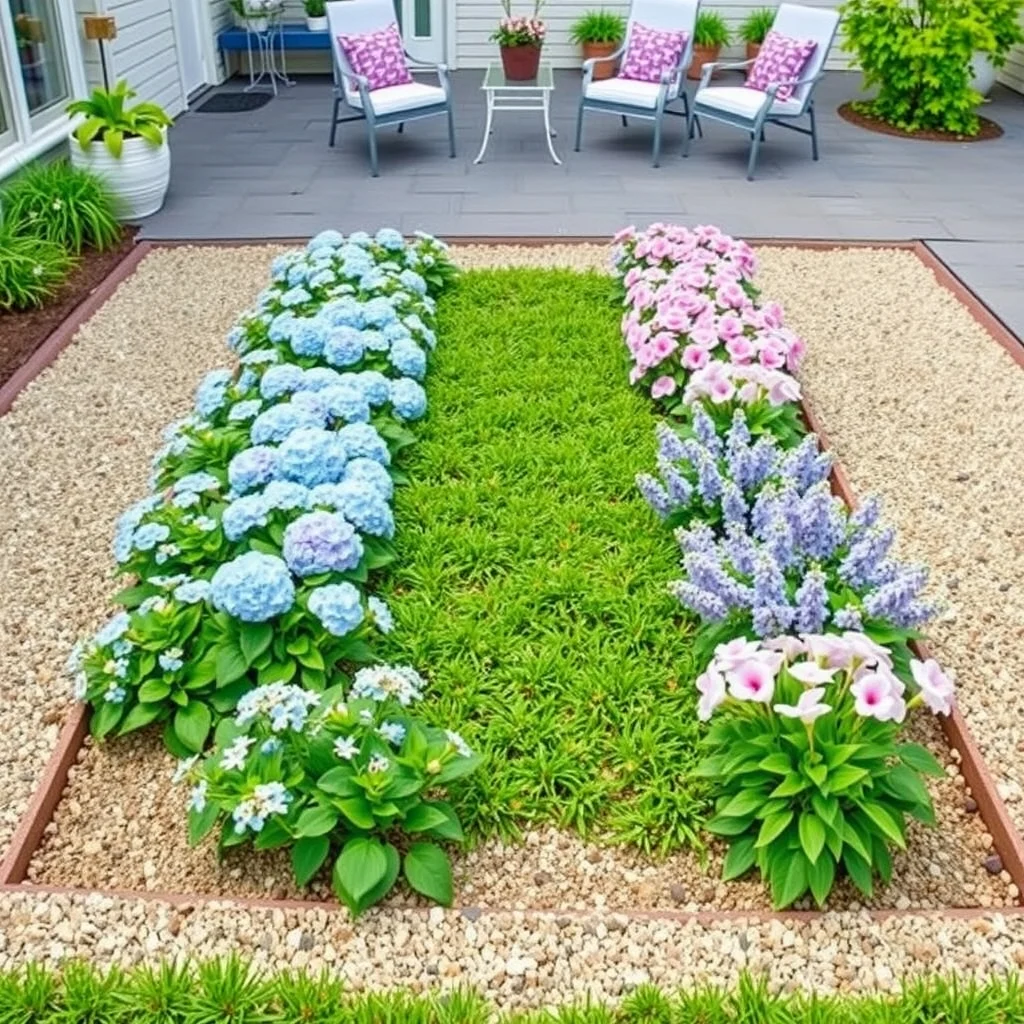 Rectangular garden bed divided into bright color blocks each square showcasing dwarf hydrangea in pastel blue dwarf rose in blush pink and dwarf lilac in soft lavender framed by neat gravel pathways