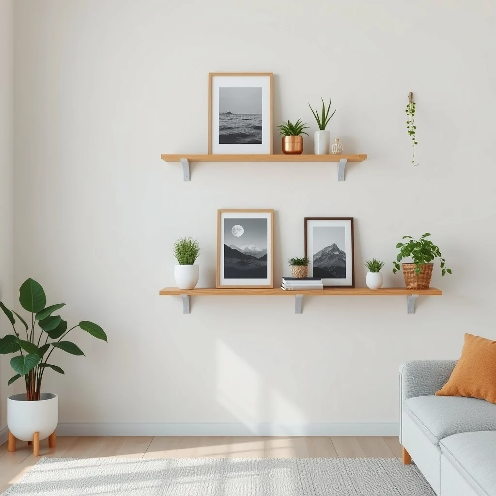 Renter-Friendly Wall Decor Ideas That Do Not Require Drilling: 6. Floating Shelves Secured with Adhesive Brackets - Floating shelves provide a platform for plants, books, and decorative objects, turning an empty wall into a curated display. Modern adhesive brackets are engineered to hold up to 10 pounds per shelf, making them suitable