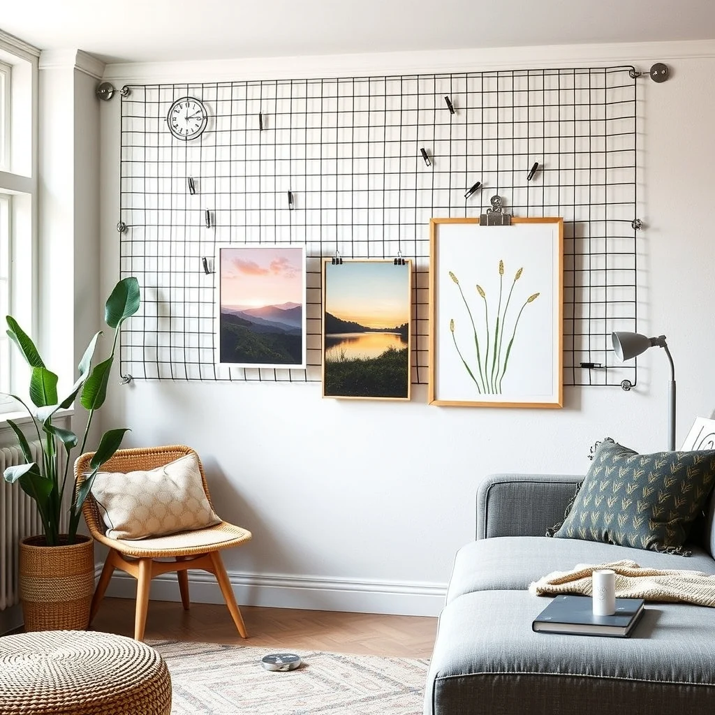 Renter-Friendly Wall Decor Ideas That Do Not Require Drilling: 7. Tension‑Mounted Wire Grid for Adjustable Display - A tension‑mounted wire grid, similar to those used in retail displays, can be stretched between two wall anchors that rely on friction rather than screws. The grid serves as a versatile backdrop for clips, small