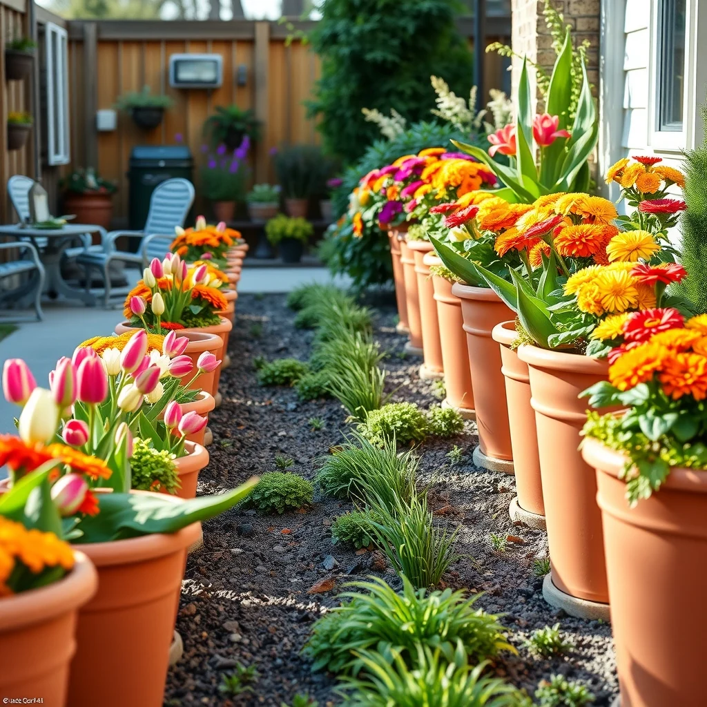 Row of uniform terracotta pots in muted orange each bursting with seasonal blooms spring tulips summer marigolds autumn mums midday sun highlights vivid colors creating a rhythmic container border along a path
