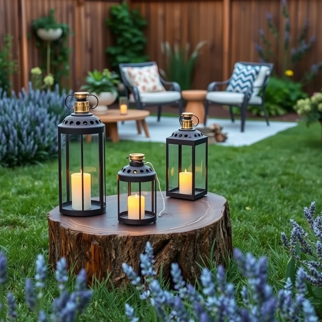 Rustic iron lanterns with brushed brass accents clustered on reclaimed wooden tables flickering LED candles casting amber pools on dew kissed grass surrounded by subtle lavender foliage