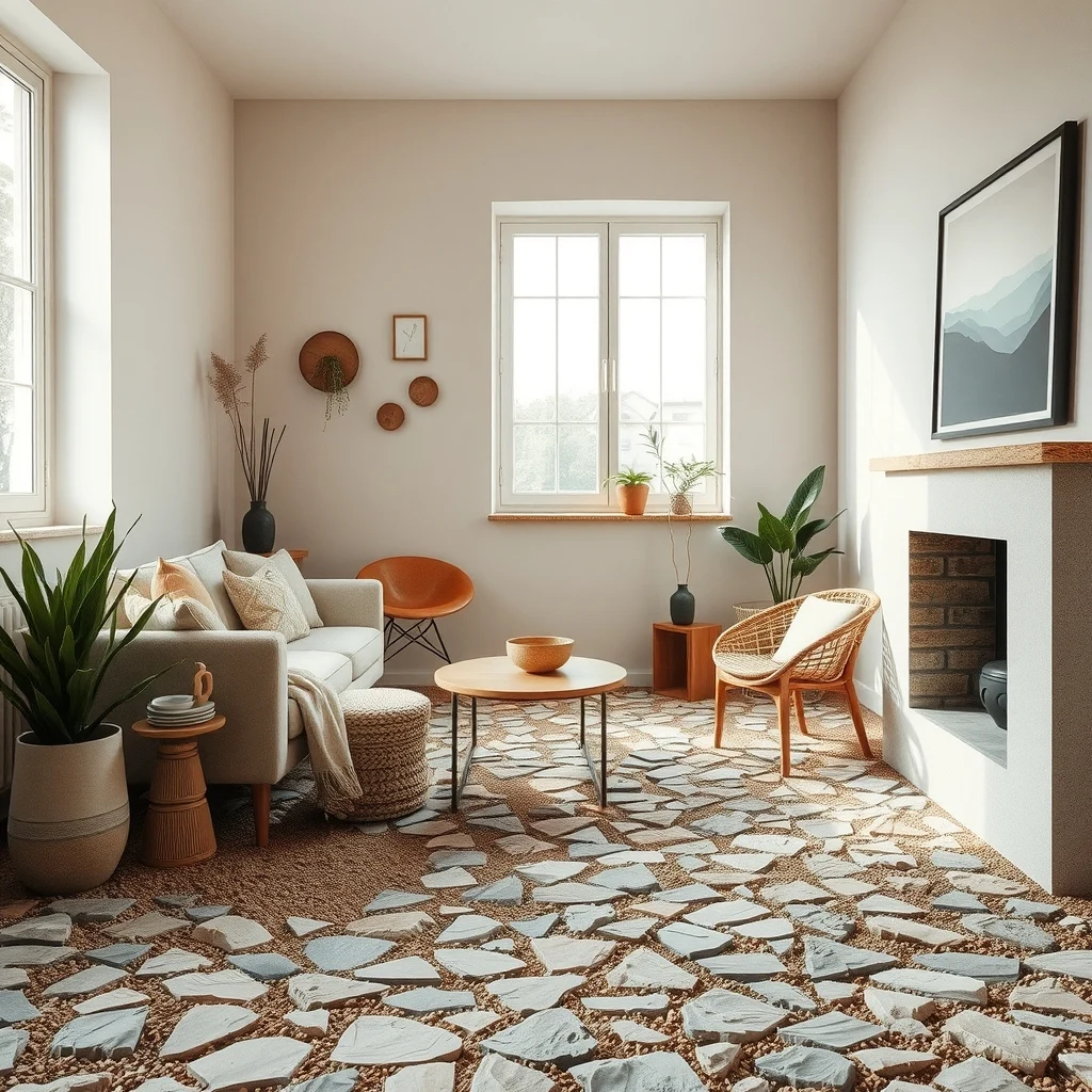Rustic living room corner showcasing an irregular flagstone mosaic floor filled with sand colored low profile gravel earthy palette diffused window light wide shot emphasizing organic pattern