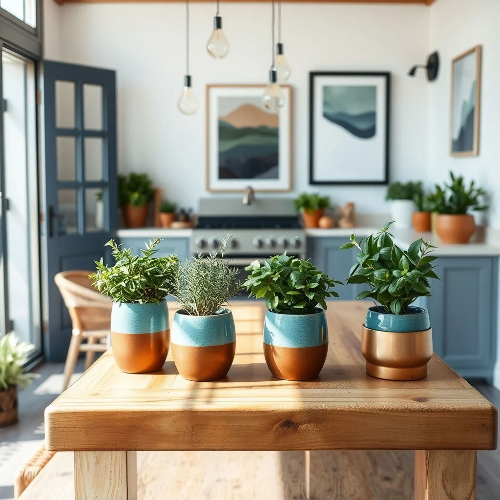 Rustic outdoor kitchen island flanked by teal glazed herb pots of rosemary thyme sage reclaimed pine tabletop brushed copper planters gentle daylight highlights foliage no visible or
