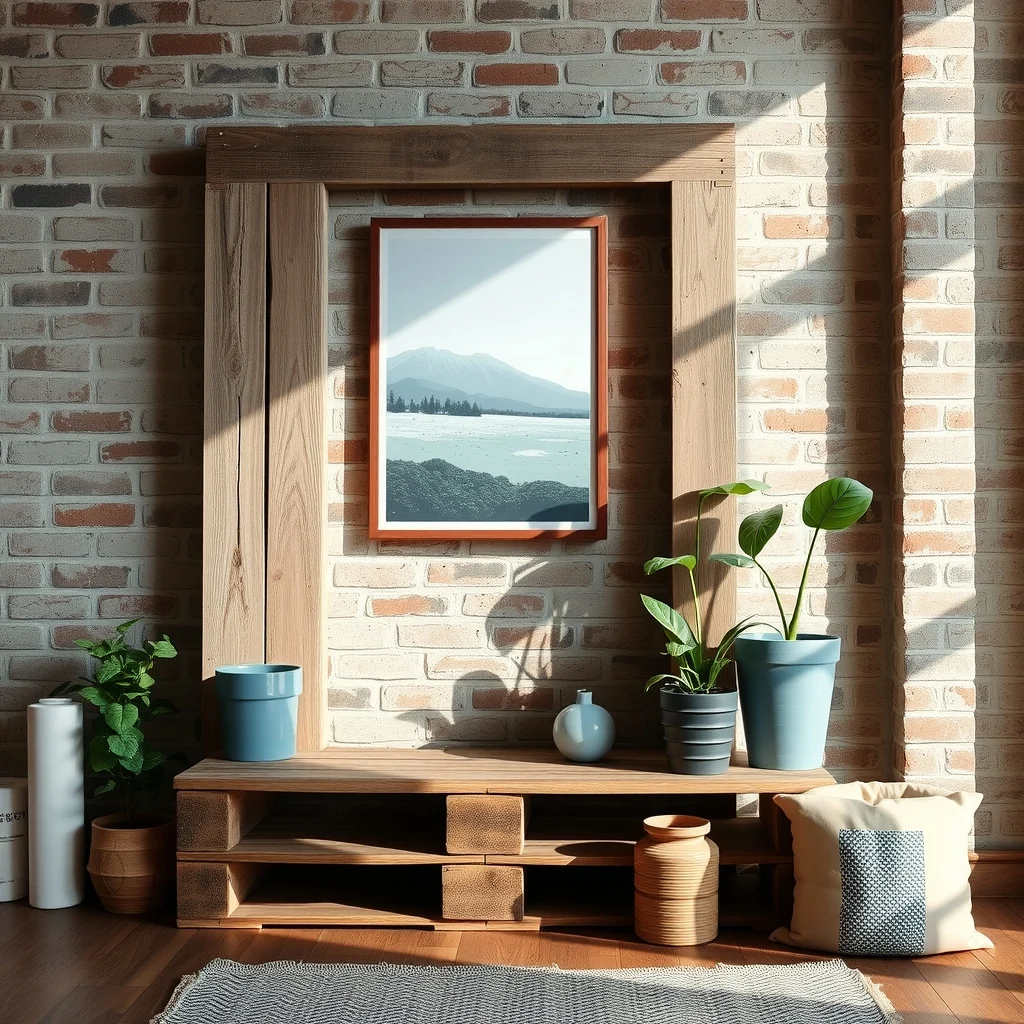 Rustic pallet garden frame leaning on a reclaimed brick wall weathered wood with visible grain teal blue ceramic planter accents soft afternoon light industrial farmhouse vibe vignette showing airflow gaps between slats