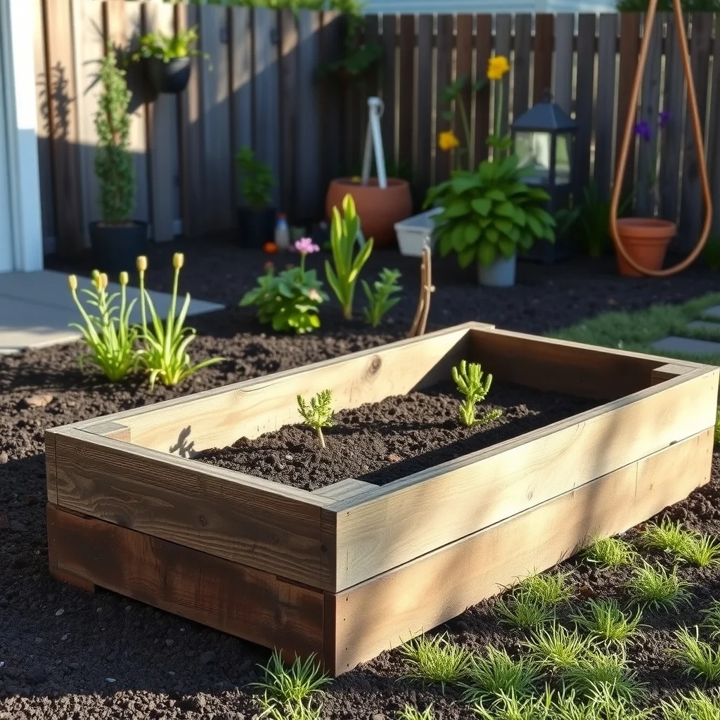 Rustic raised bed frame constructed from reclaimed pallet wood weathered brown tones side view shows six inch height filled with dark soil soft late afternoon shadows framing the simple eco friendly border