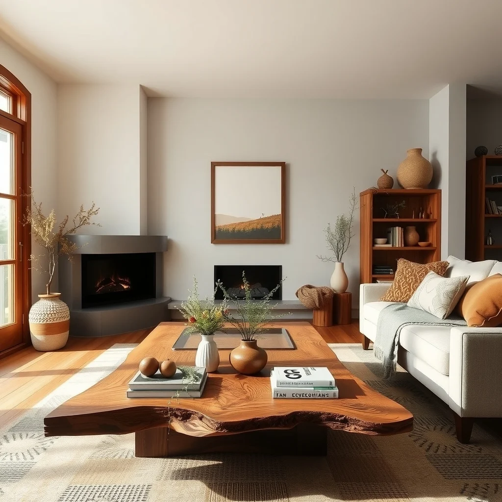 Rustic Winter Home Decor Ideas Using Natural Textures and Wood interior: 3. Install a Live-Edge Walnut Coffee Table as a Focal Point - A live‑edge walnut coffee table brings the forest indoors, its irregular edge echoing the of a tree branch. The deep brown tones of walnut absorb ambient light, providing a grounding presence in the living