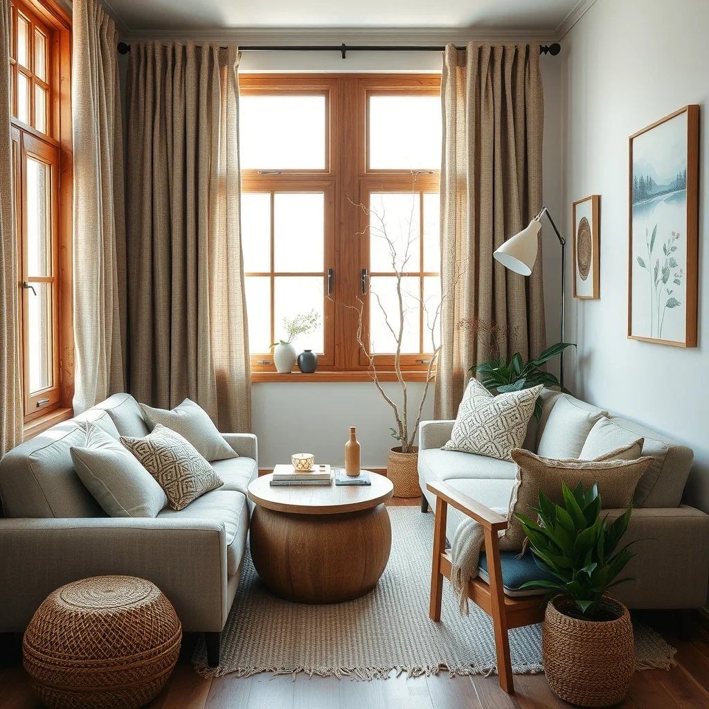 Rustic Winter Home Decor Ideas Using Natural Textures and Wood interior: 4. Swap Soft Linen Curtains for Heavy Hemp Drapes - Lightweight linen curtains often flutter in breezy summer rooms, but hemp drapes provide the insulation needed for winter without sacrificing texture. The natural, slightly coarse weave of hemp absorbs sound, reducing echo in open-plan spaces