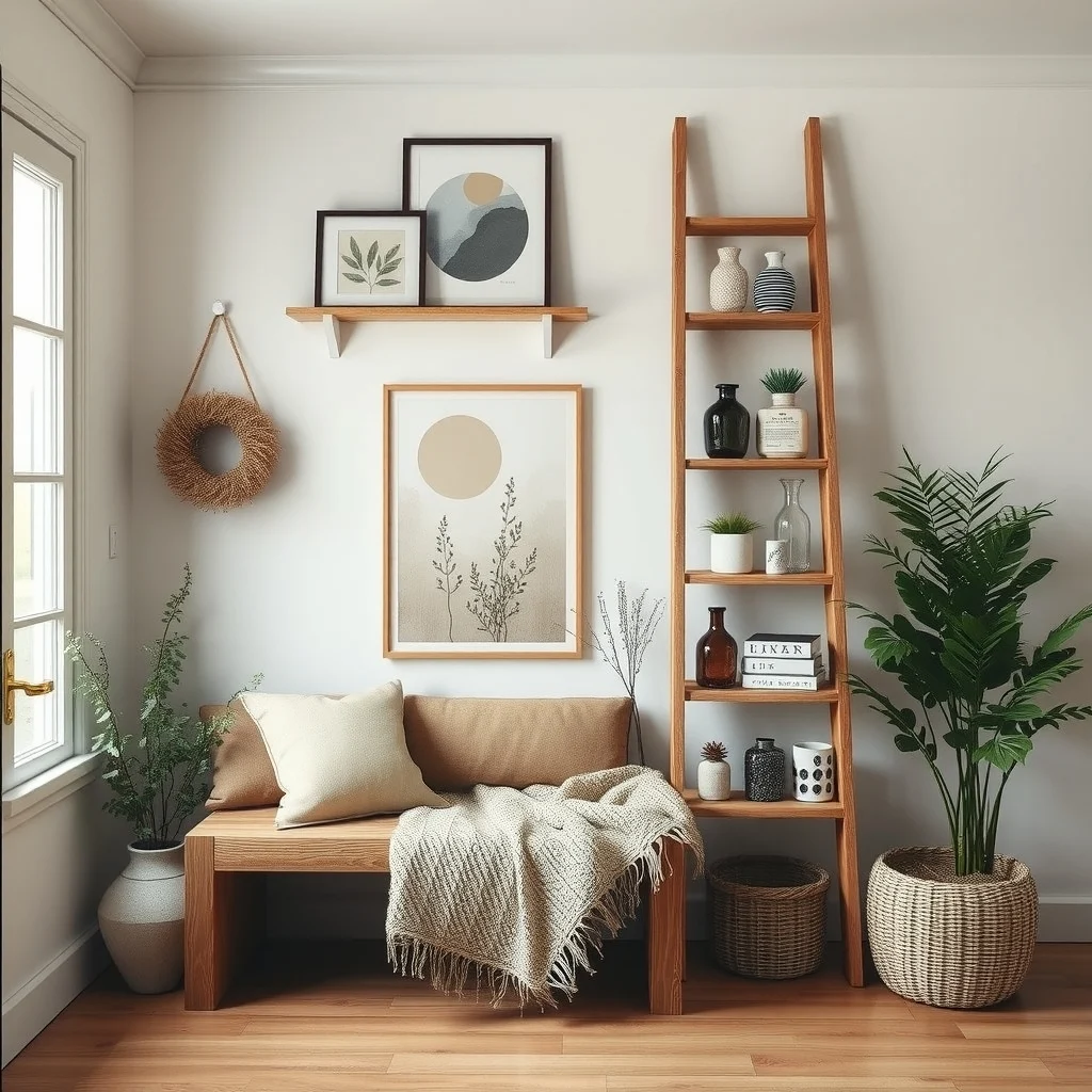 Rustic Winter Home Decor Ideas Using Natural Textures and Wood interior: 5. Add a Birch Wood Ladder Shelf for Display and Storage - Birch ladder shelves combine vertical height with open shelving, making them ideal for narrow hallways or corners where floor space is limited. The light color of birch brightens the room, while the ladder’s slatted design
