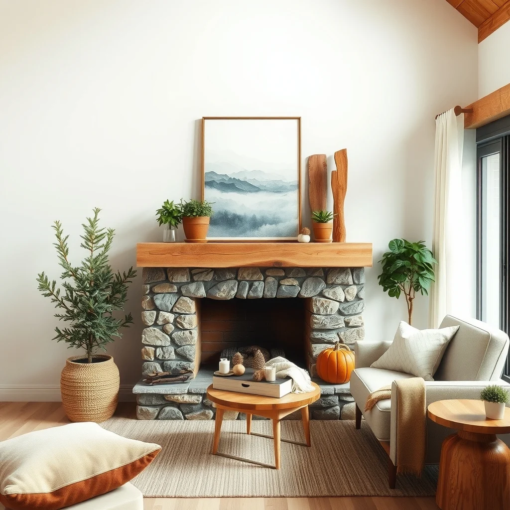 Rustic Winter Home Decor Ideas Using Natural Textures and Wood interior: 6. Incorporate a Stone and Cedar Mantel Arrangement - A mantel made of natural stone paired with cedar wood planks creates a layered texture that feels both sturdy and aromatic. The stone’s cool surface contrasts with the warm scent of cedar, which subtly repels