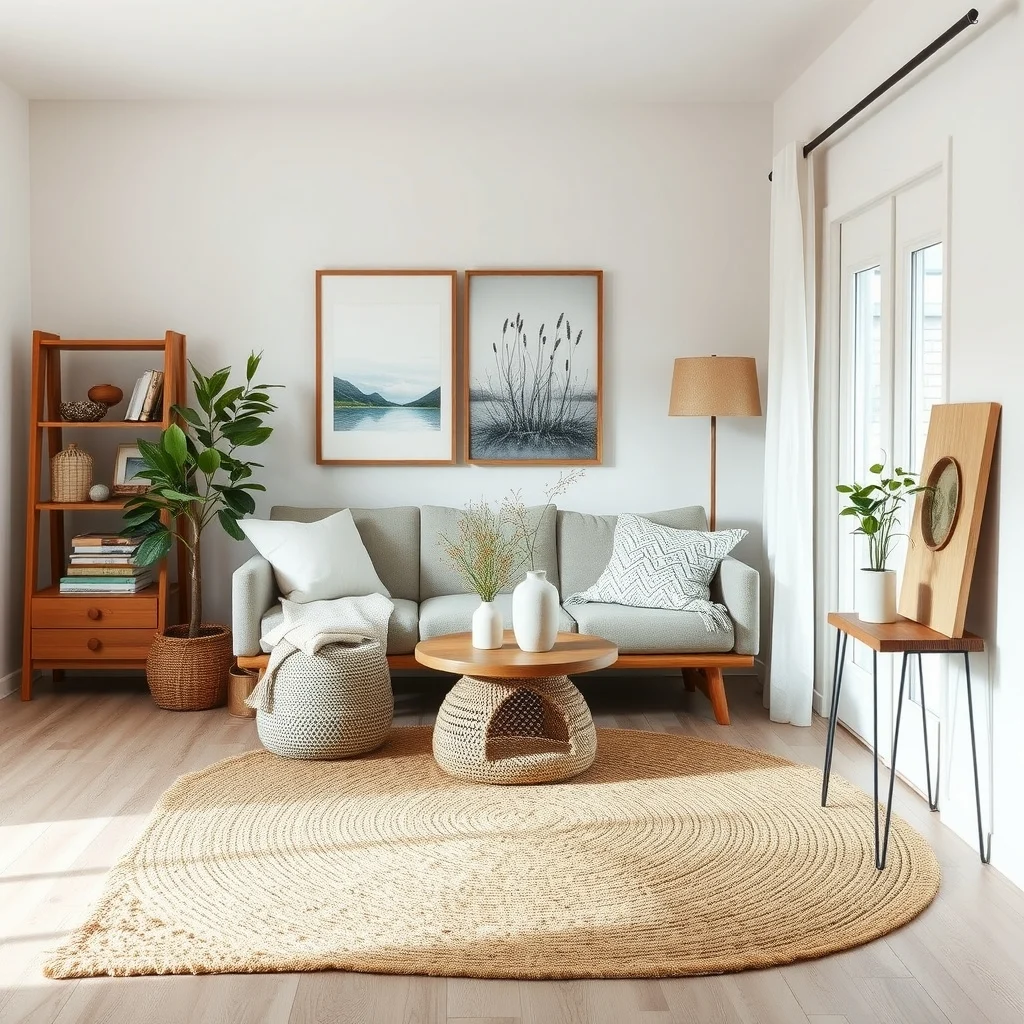 Rustic Winter Home Decor Ideas Using Natural Textures and Wood interior: 7. Use a ‑Woven Jute Rug to Anchor the Space - Jute rugs bring an earthy texture that grounds a room without overwhelming it. The natural fibers have a low pile, which makes them easy to clean and resistant to tracking in snow or mud from