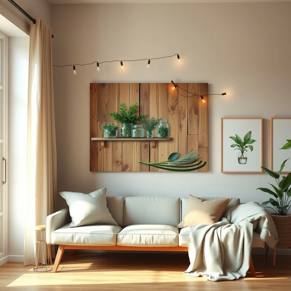 Rustic wooden board collage displaying layered garden elements evergreen herb jars string lights water ripple texture styled in warm earth tones natural light streaming from left evoking cohesive spring design