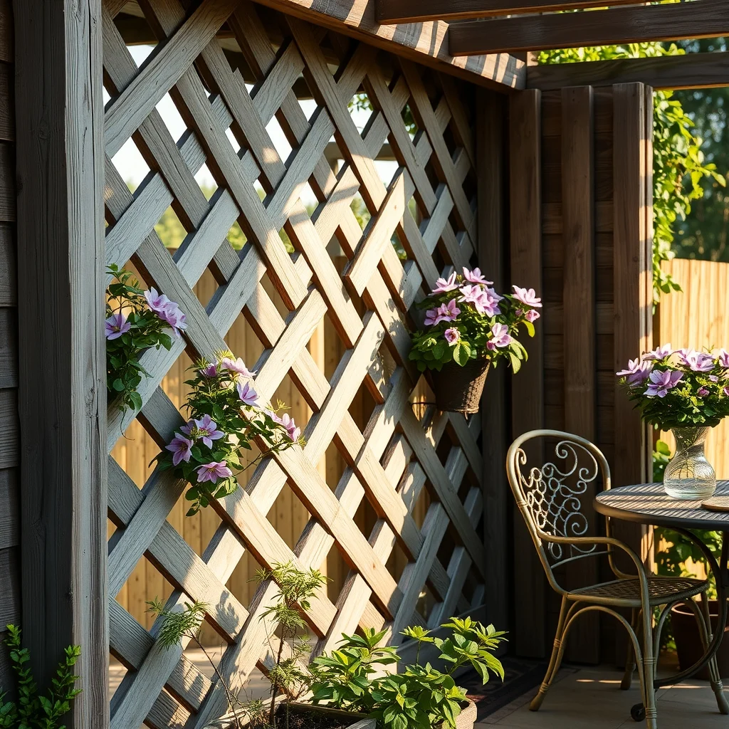 Rustic wooden lattice of reclaimed pine on a patio wall weathered gray brown finish diamond openings filled with blooming clematis soft golden afternoon light countryside charm close up texture detail