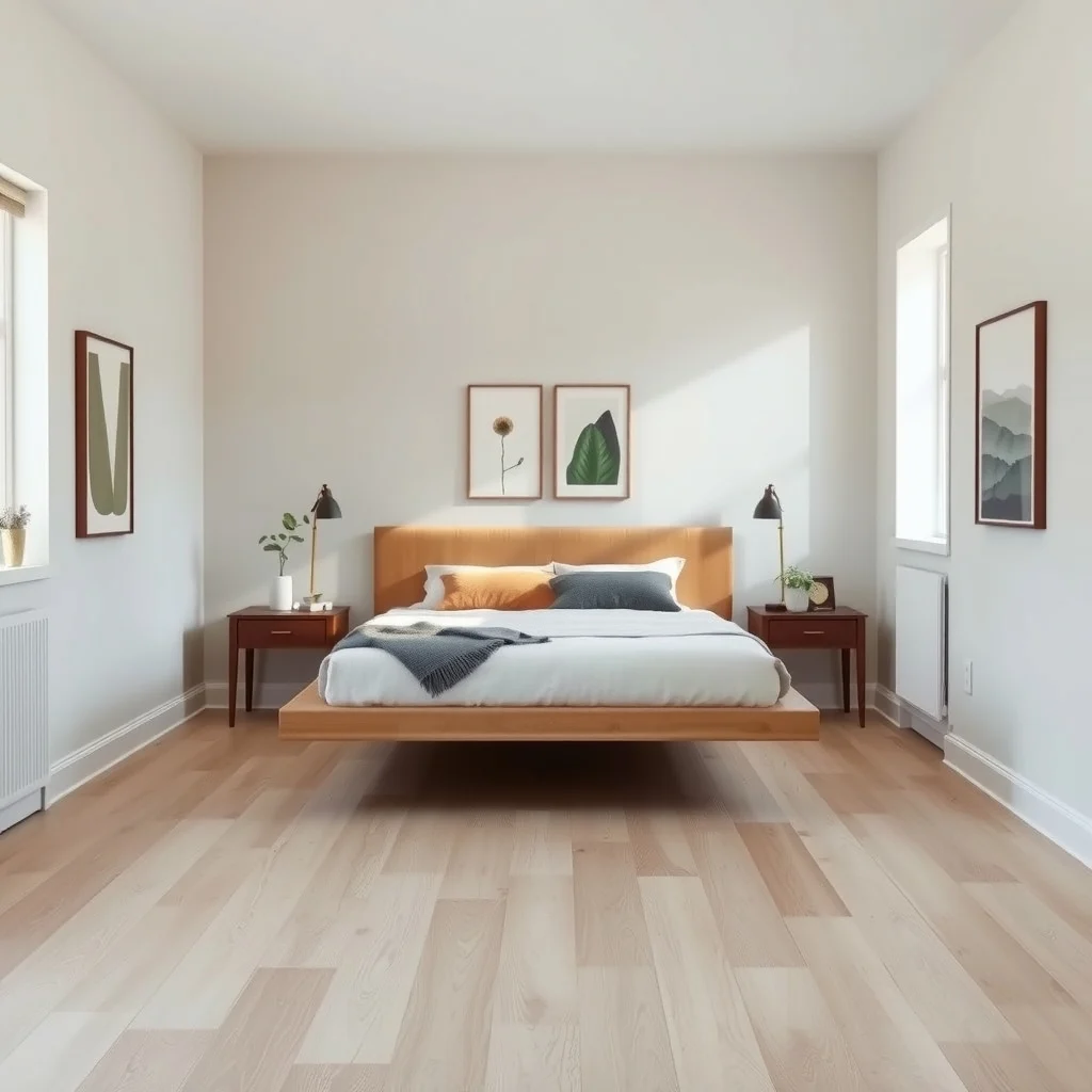 Scandinavian bedroom with a low profile floating platform bed centered on pale oak flooring narrow passages flank each side holding slender walnut nightstands and a small abstract botanical print above each