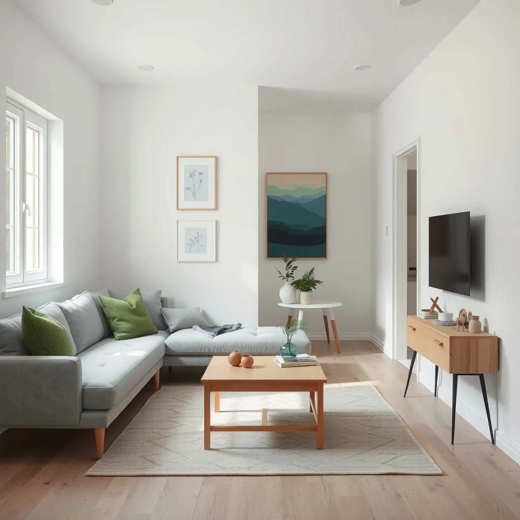 Scandinavian living room light gray low sofa floated a few inches from white wall creating a narrow hallway pale oak coffee table soft natural light from left window abstract teal wall art
