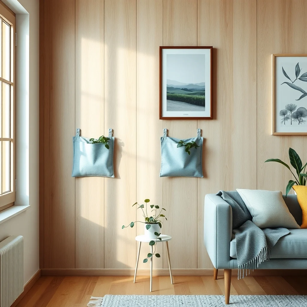 Scandinavian living room wall featuring a light oak panel with pastel blue fabric pockets trailing pothos spill from shallow soils illuminated by warm natural light from a nearby window soft textured backdrop