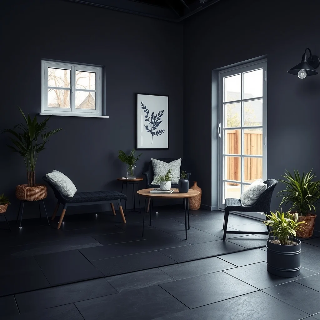 Scandinavian patio corner shot shows a black finished basalt paver floor with small LED uplights at the base of an Italian c