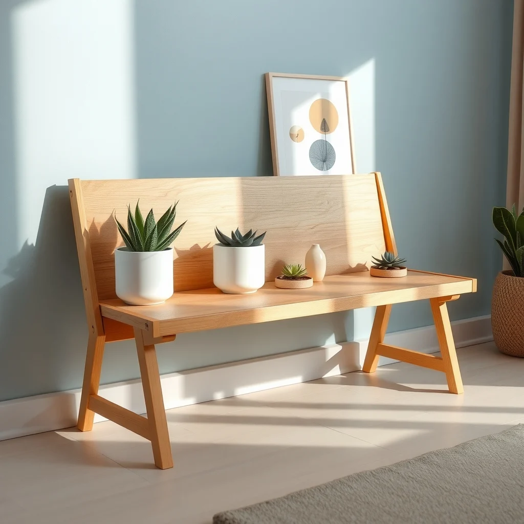 Scandinavian style fold down bench in light oak featuring integrated white ceramic planters filled with trailing succulents bench folded against a pastel blue wall gentle afternoon sun casting subtle shadows close up composition