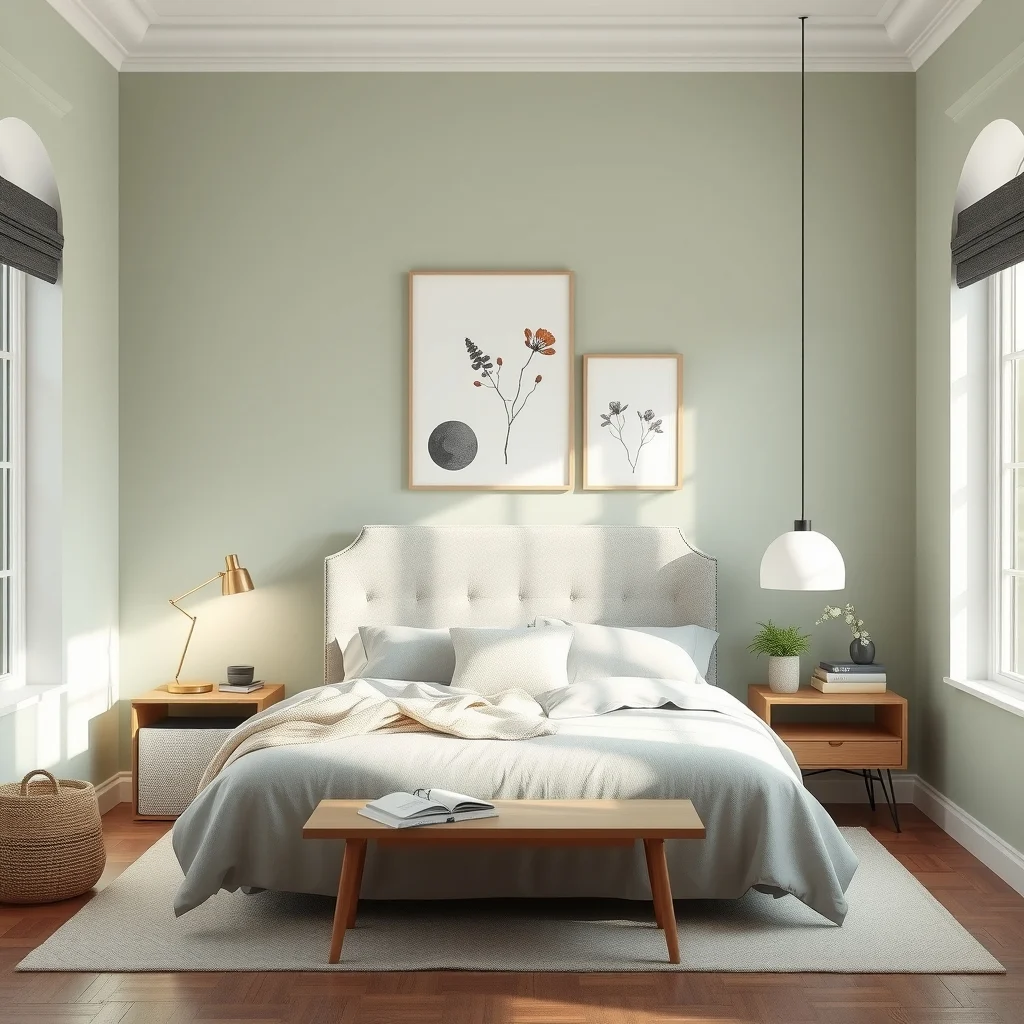 Serene bedroom vignette soft sage walls light gray upholstered headboard