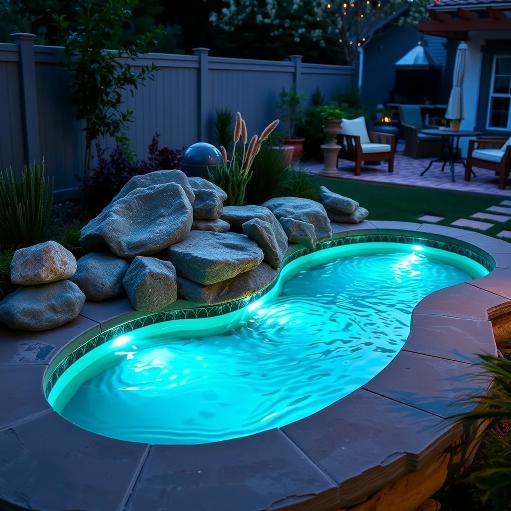 Serene garden pond illuminated by submerged waterproof LEDs bathing rippling water in teal luminescence stone rim