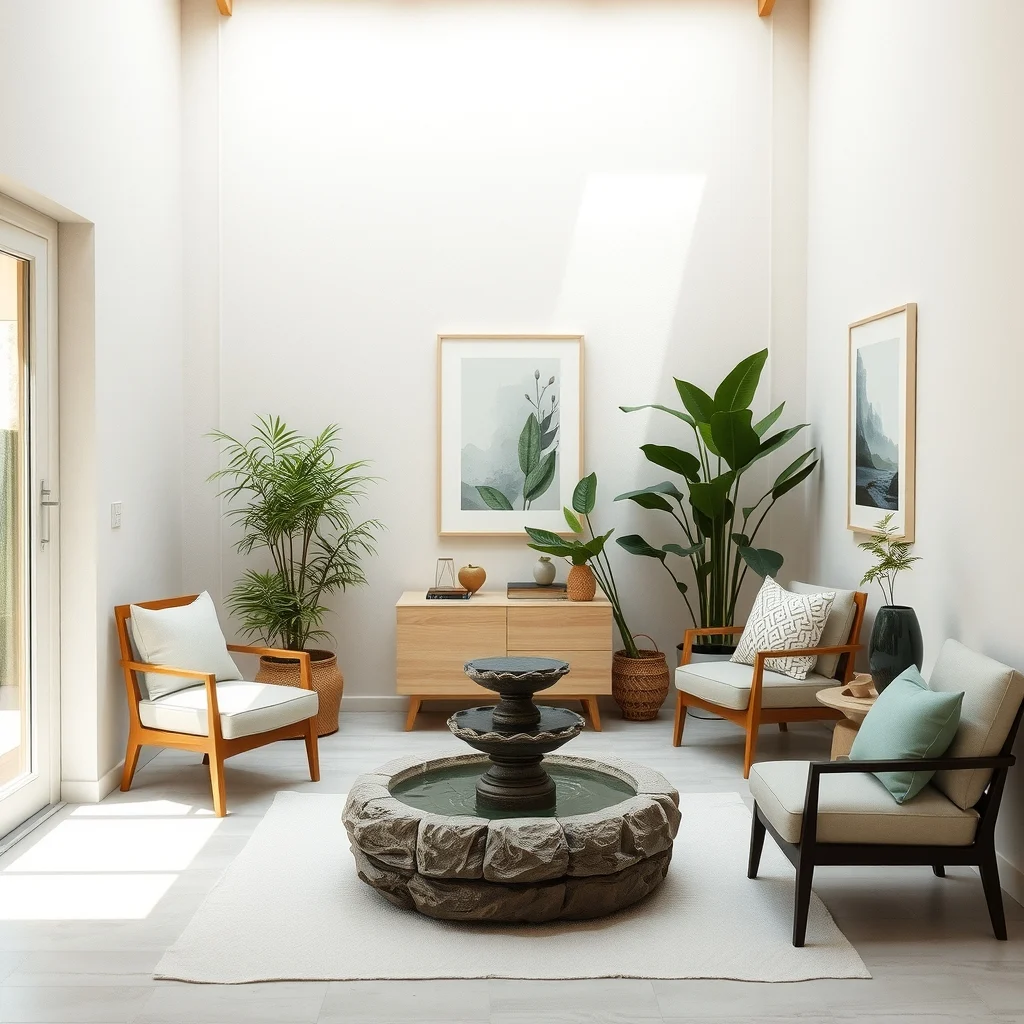 Serene indoor courtyard featuring a compact stone fountain with