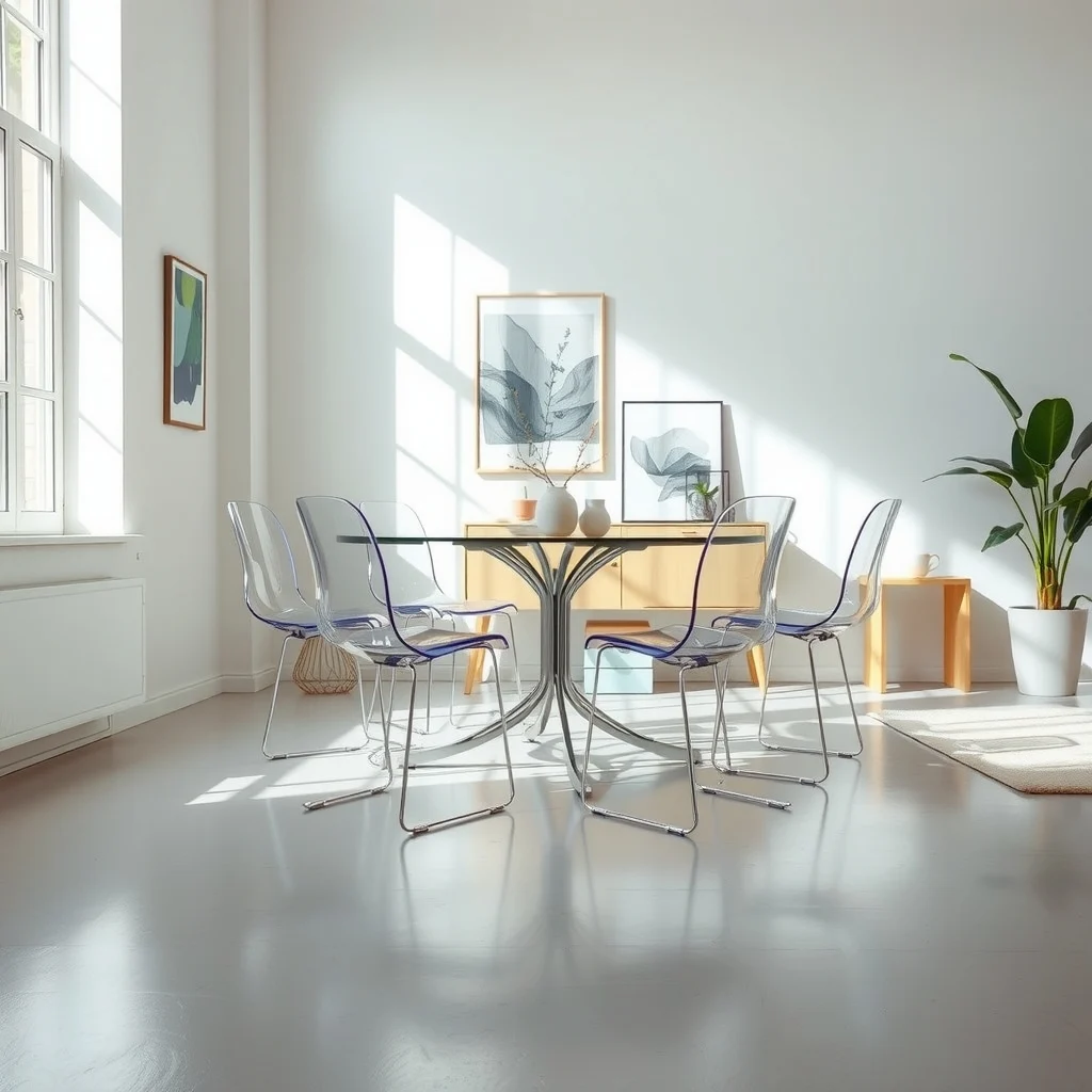 Set of clear acrylic chairs with thin metal frames open back design arranged around the table soft daylight streams through creating visual breathing room and subtle reflections on the polished floor