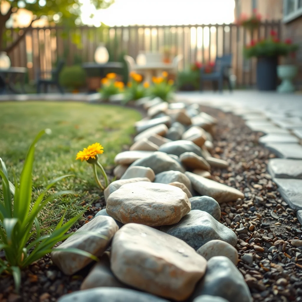 Single layer line of smooth river rocks gray and amber hues edging a flower bed early morning mist and gentle side light enhance the tactile natural stone border in a close up frame