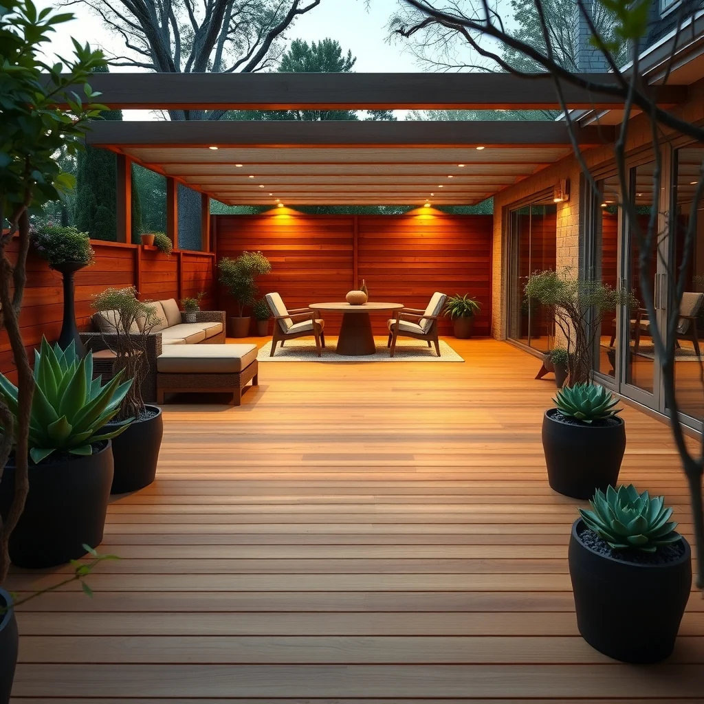 Sleek hardwood deck featuring recessed spotlights set flush within grain emitting soft warm beams that highlight natural wood patterns while surrounding potted succulents add muted green contrast
