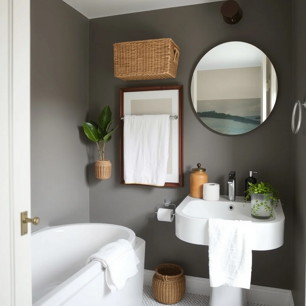 Small Bathroom Makeover Ideas That Look Expensive on a Budget: 7. Introduce Organized Storage Using Baskets and Glass Jars - Clutter is the enemy of elegance, and clever storage solutions can keep essentials tidy without sacrificing style. Woven baskets in natural fibers provide a warm contrast to sleek surfaces while hiding towels, toilet paper, or