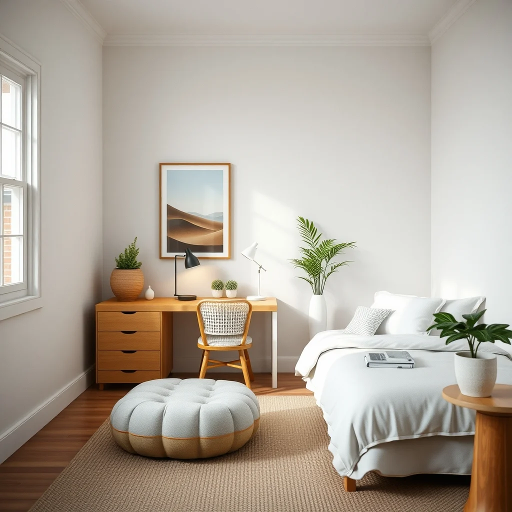 Small Bedroom Layout Ideas That Make More Room for Everyday Living interior: 4. Incorporate a Corner Desk or Vanity - Placing a compact desk or vanity in a corner turns an underused area into functional space while preserving the central walking path. A corner desk with a slim profile can hold a laptop, a lamp,
