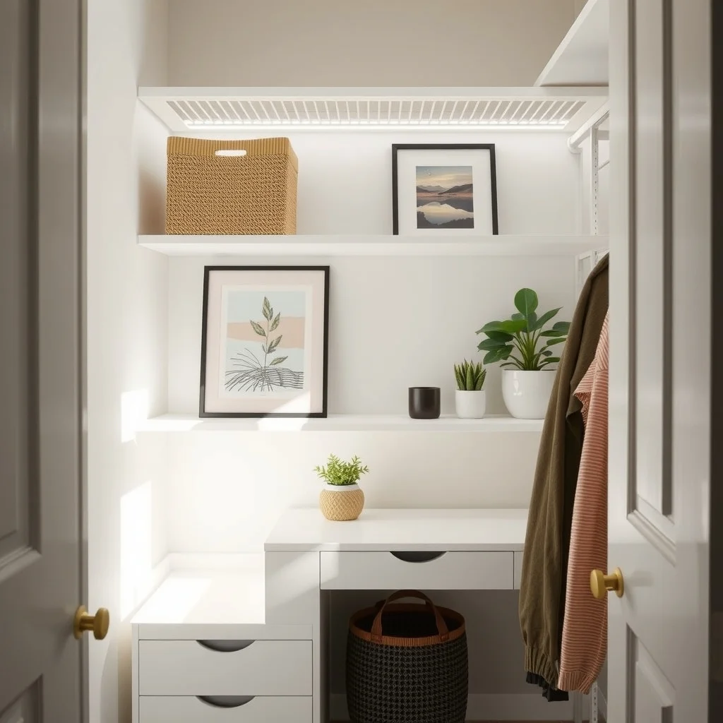 Small Closet Organization Ideas to Maximize Every Shelf and Corner interior: 6. Add Battery‑Operated LED Strips for Better Light - Insufficient lighting makes it hard to see what’s stored on the back shelf, leading to forgotten pieces. A thin LED strip that adheres to the inner top edge of the closet provides uniform illumination without