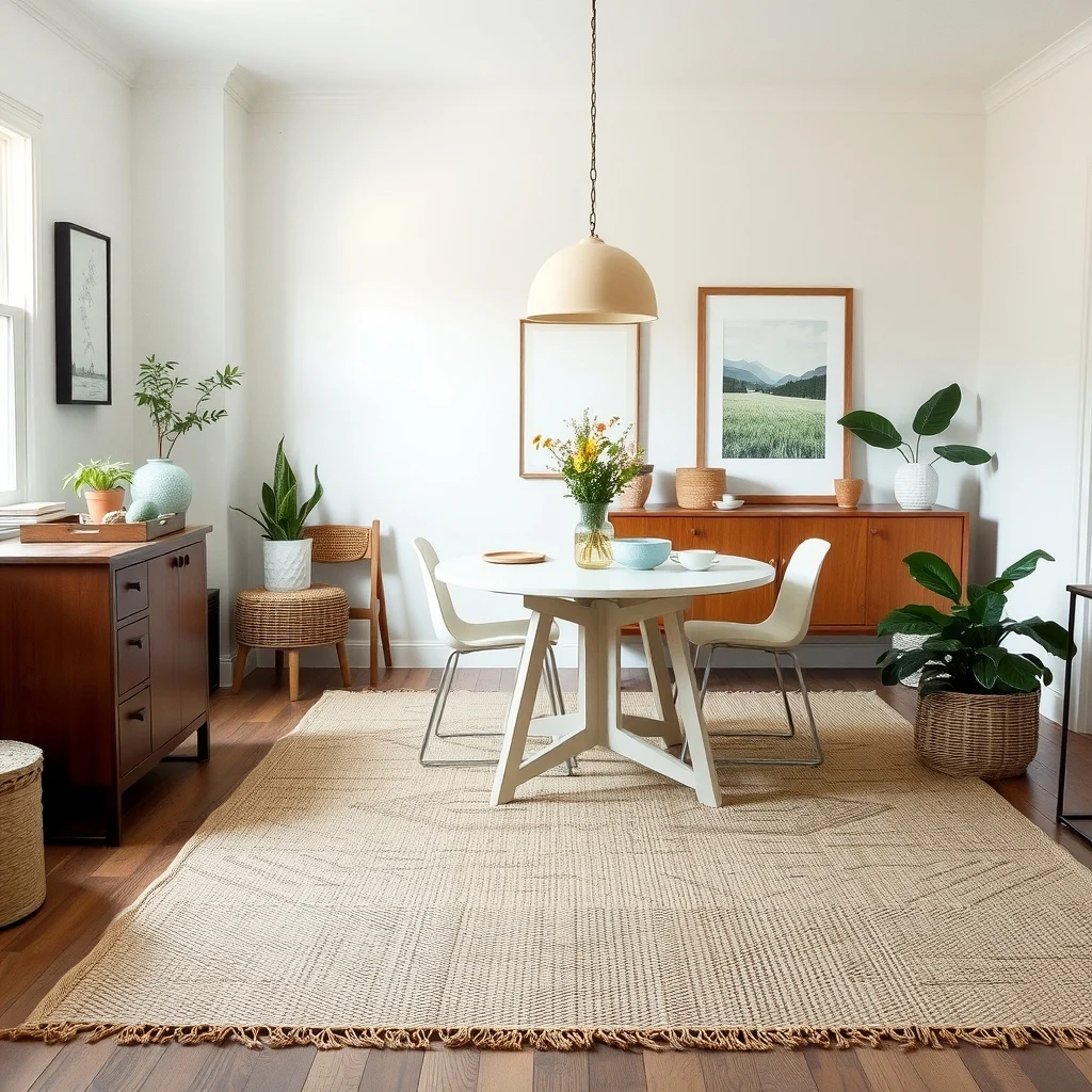 Small Dining Room Decorating Ideas That Feel Open and Inviting interior: 7. Define Zones with Simple Rugs and Minimalist Accents - A rug can anchor the dining set without overwhelming the room, especially when it is modest in size and pattern. Choose a natural fiber rug—jute, sisal, or a low‑pile wool—in a neutral shade that complements