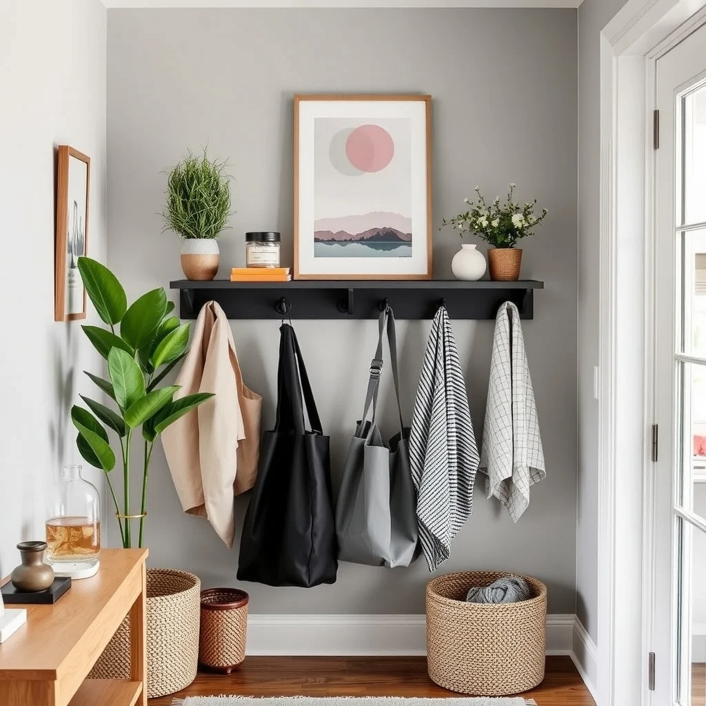 Small Entryway Organization Ideas That Make Every Inch Count: 3. Hang a Multi‑Hook Coat Rack with Integrated Shelf - Combining hooks with a shallow shelf maximizes vertical space while giving a place to rest bags or a hat box. Look for a piece crafted from powder‑coated steel in a soft charcoal finish; the dark