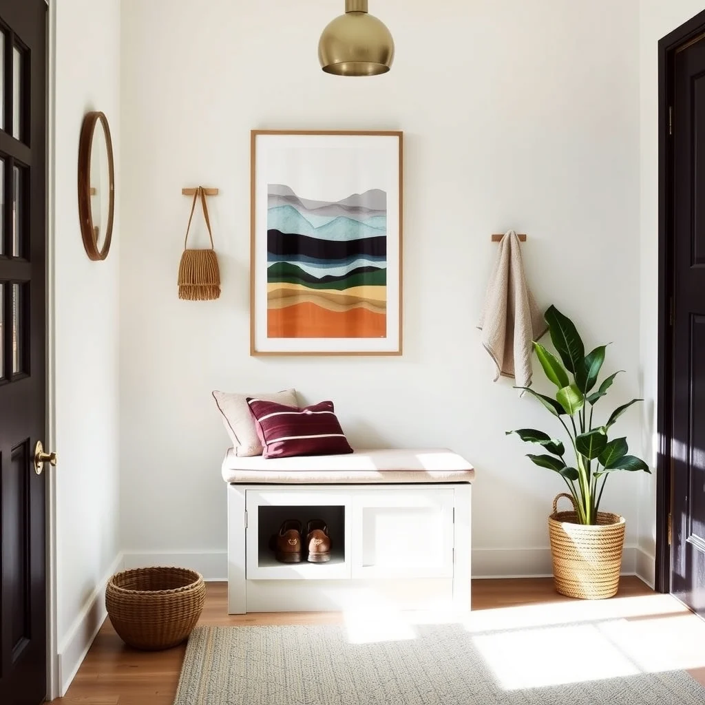 Small Entryway Organization Ideas That Make Every Inch Count: 5. Select a Compact Bench with Hidden Compartment - A bench that fits snugly against the wall offers a place to sit while you slip on shoes, and its lift‑top reveals storage for items you prefer to keep out of view. A bench upholstered