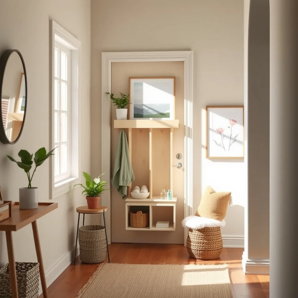 Small Entryway Organization Ideas That Make Every Inch Count: 7. Deploy a Vertical Cubby System on the Back of the Door - Utilizing the back side of a solid entry door turns an otherwise wasted surface into a series of shallow cubbies. Choose a system made from laminated birch with a light natural finish; the material is