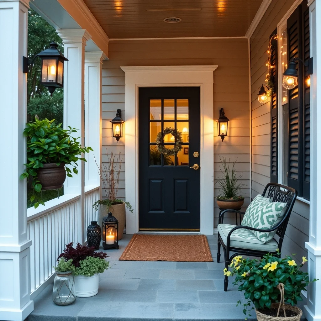 Small Front Porch Ideas That Add Charm Without Expensive Renovations: 4. Layer Subtle Lighting with Solar Lanterns and String Lights - Good lighting extends the usability of a porch well into the evening. A pair of solar‑powered lanterns placed on either side of the entry door provides a low‑glow that highlights the doorway without drawing too
