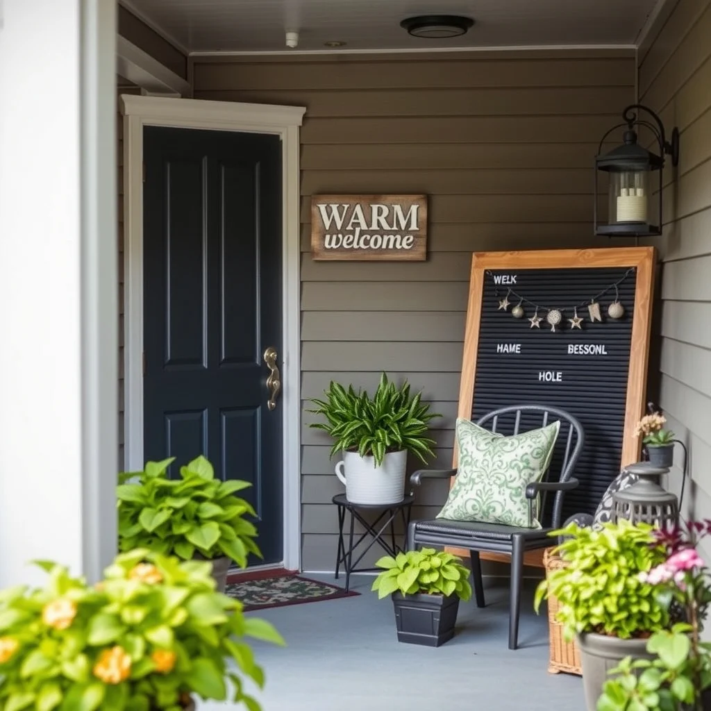 Small Front Porch Ideas That Add Charm Without Expensive Renovations: 7. Personalize the Walls with a Vintage Sign or ‑Painted Letterboard - A single piece of wall art can convey personality without overwhelming the space. A weather‑treated metal sign bearing a warm welcome, or a reclaimed wooden letterboard that you can update seasonally, adds a touch.