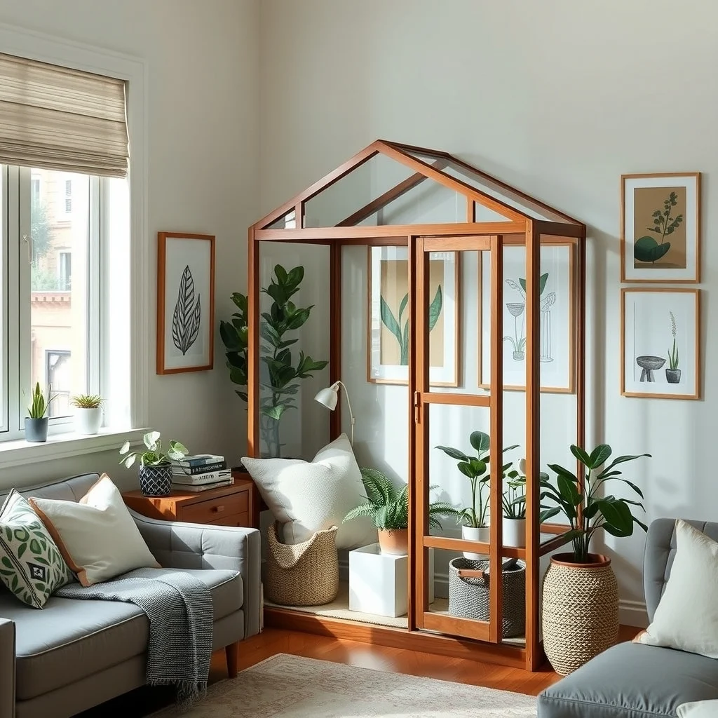 Small Greenhouse Ideas for Growing Plants in Limited Space: 3. Freestanding Mini‑Greenhouse in a Living‑Room Corner - When a living‑room corner receives indirect light, a compact, freestanding greenhouse can become both a functional grow space and a decorative accent. Choose a structure with a wooden frame finished in a warm walnut tone,