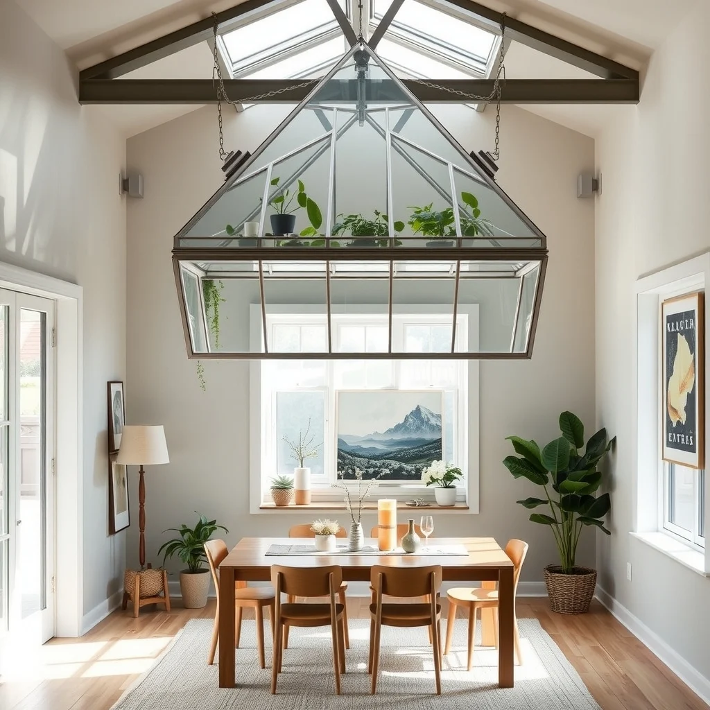 Small Greenhouse Ideas for Growing Plants in Limited Space: 5. Ceiling‑Mounted Hanging Greenhouse Over a Dining Table - In a dining area with a high ceiling, a hanging greenhouse can become a striking focal point. A rectangular frame of brushed aluminum supports a clear, double‑glazed panel that hangs from ceiling hooks, creating a